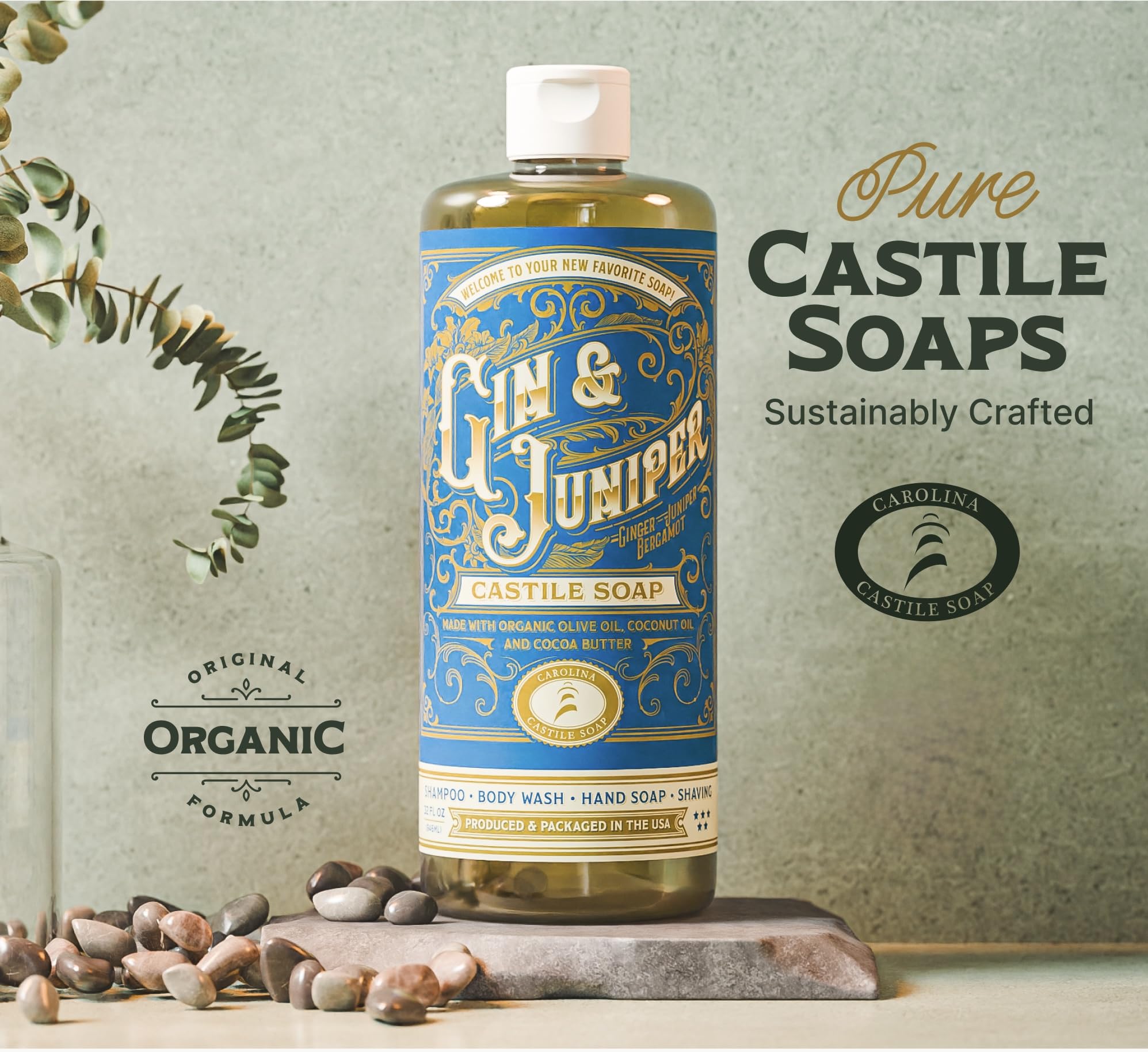 Ingredients label on Carolina Castile Soap Gin & Juniper highlights olive oil and cocoa butter for skin hydration.
