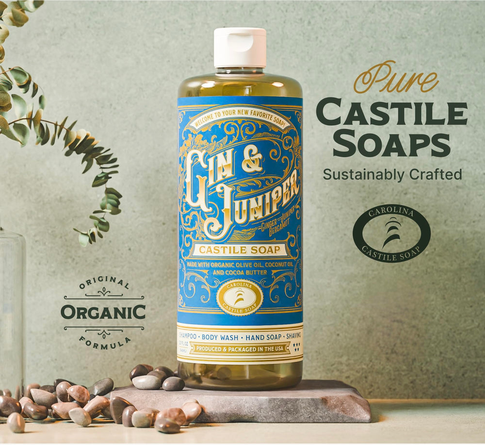 Ingredients label on Carolina Castile Soap Gin & Juniper highlights olive oil and cocoa butter for skin hydration.