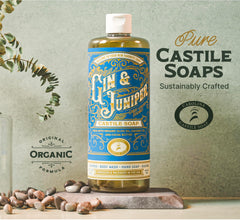 Ingredients label on Carolina Castile Soap Gin & Juniper highlights olive oil and cocoa butter for skin hydration.