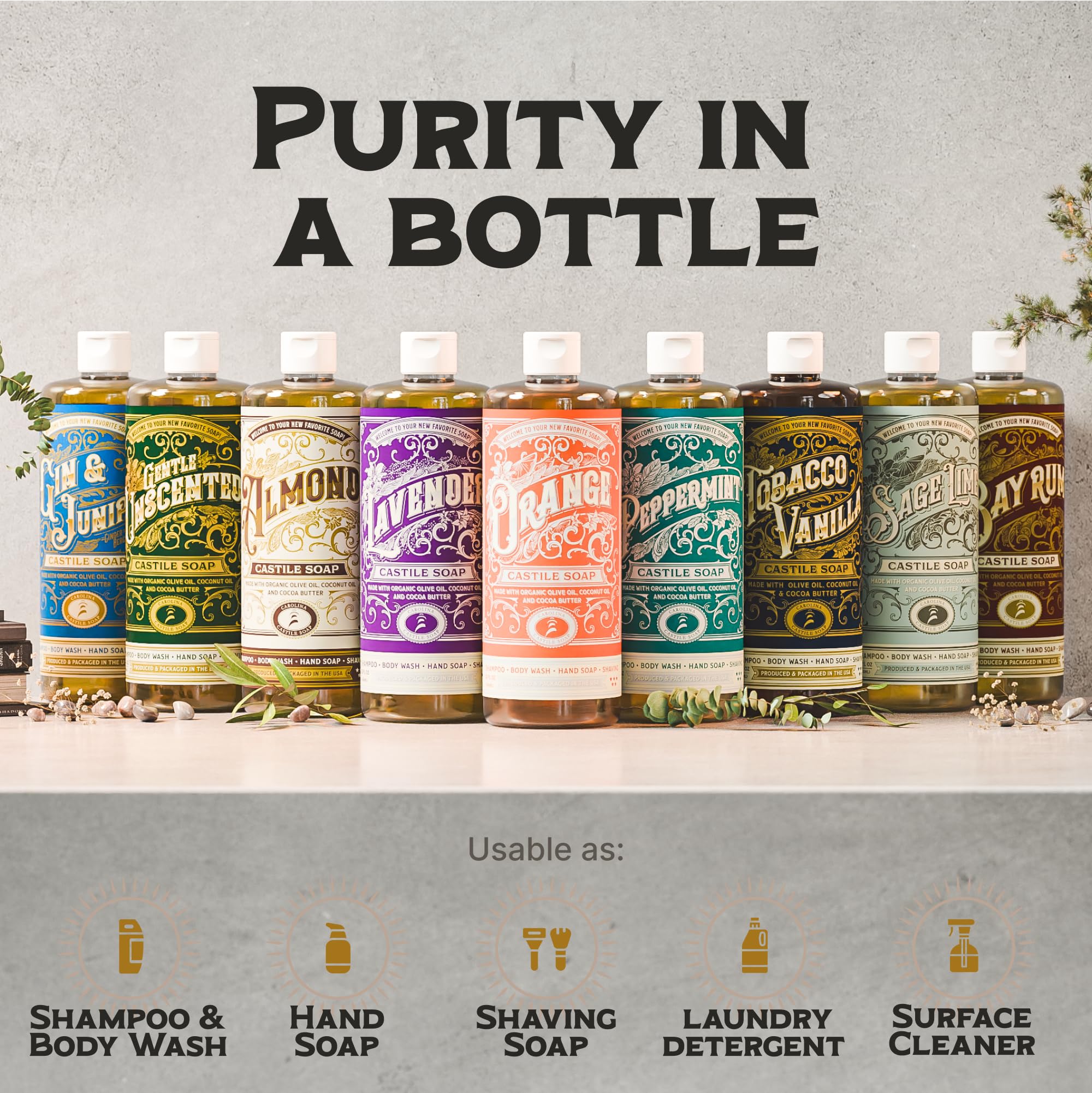 Lather shows non-drying cleansing with Gin & Juniper scent in Carolina Castile Soap.