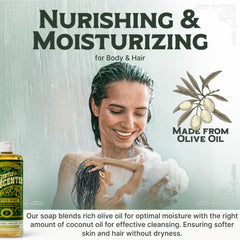 Carolina Castile Soap unscented pour illustrates versatile use for body wash or shampoo.