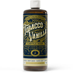 Carolina Castile tobacco-vanilla-bottle shows a gentle, skin-softening cleanse for sensitive skin