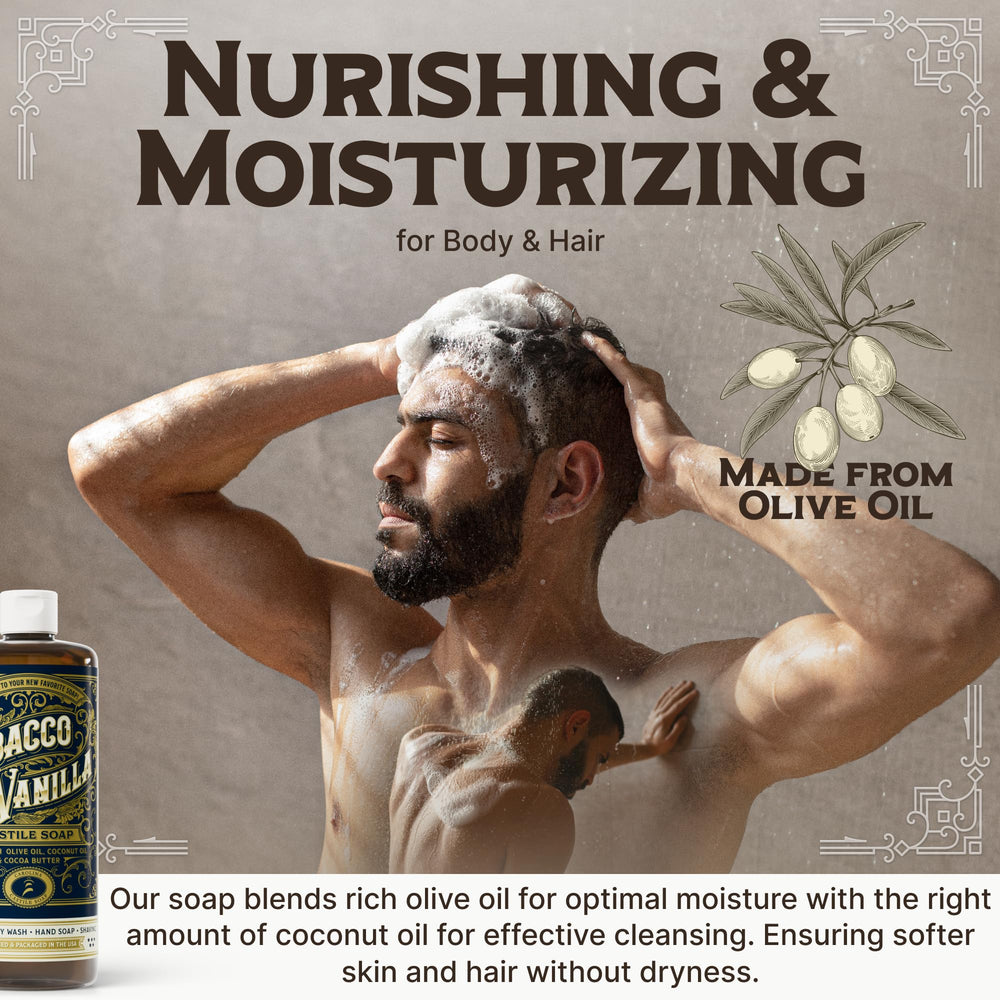Carolina Castile tobacco-vanilla-lather demonstrates creamy texture ideal for daily wash