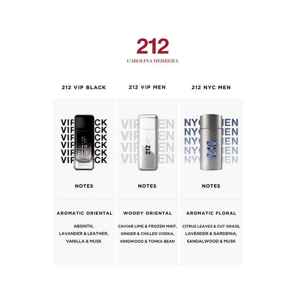 Carolina Herrera 212 VIP bottle side view highlights sleek packaging and premium scent profile.