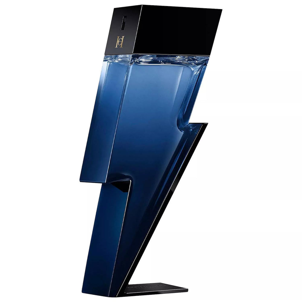 Carolina Herrera Bad Boy Cobalt bottle close-up, suggesting bold evening confidence.