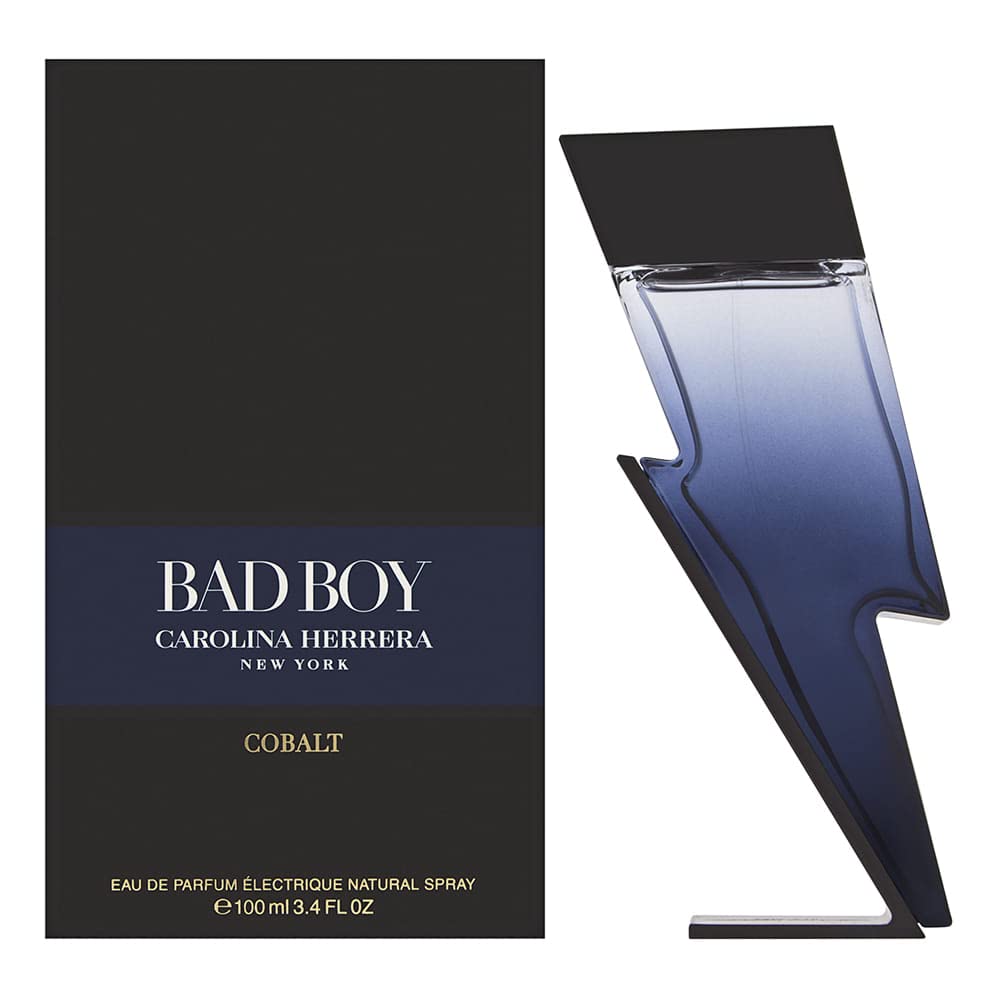 Carolina Herrera Bad Boy Cobalt perfume bottle image emphasizes bold evening confidence.