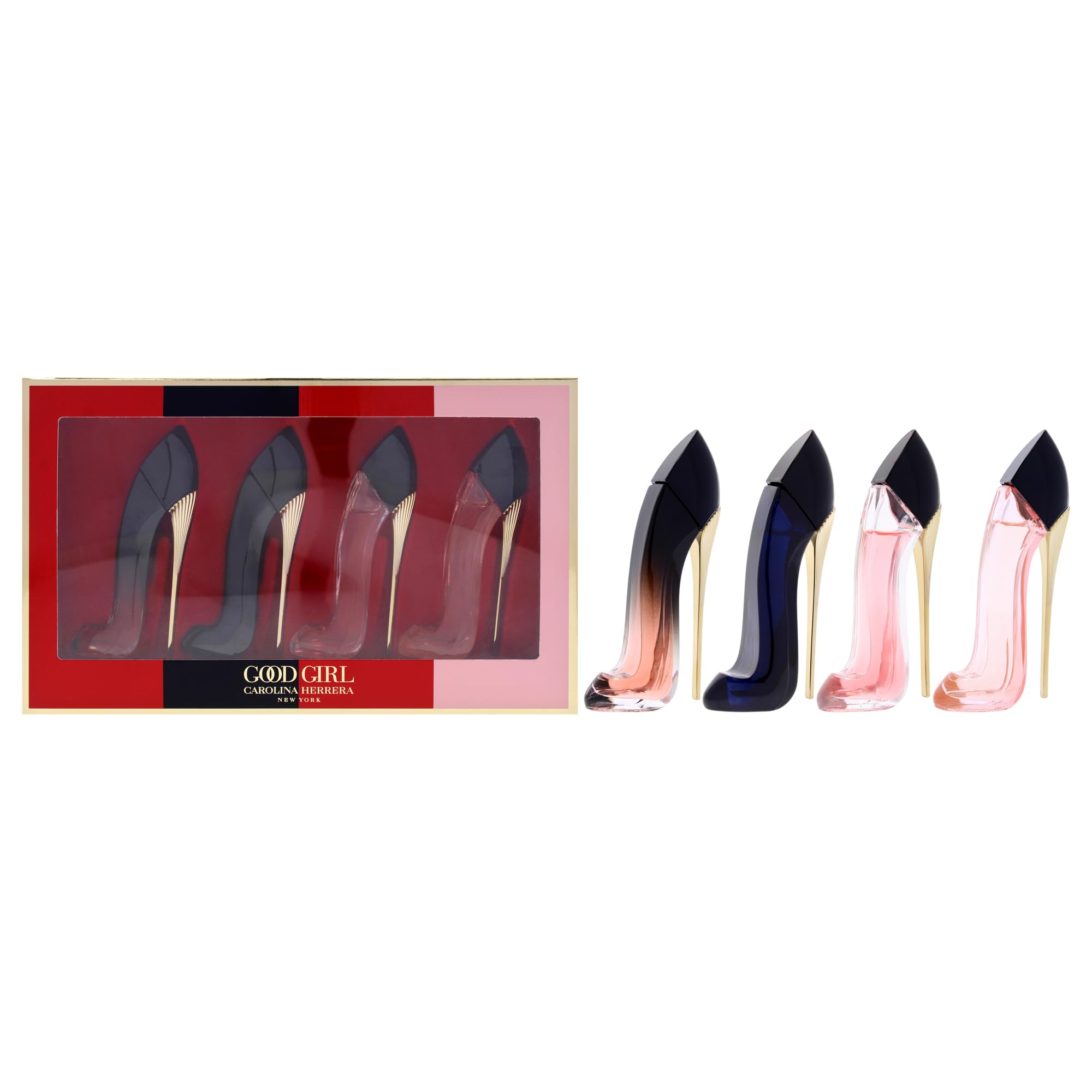 Carolina Herrera Good Girl mini set travel EDP splash bottle on vanity for on-the-go scent.
