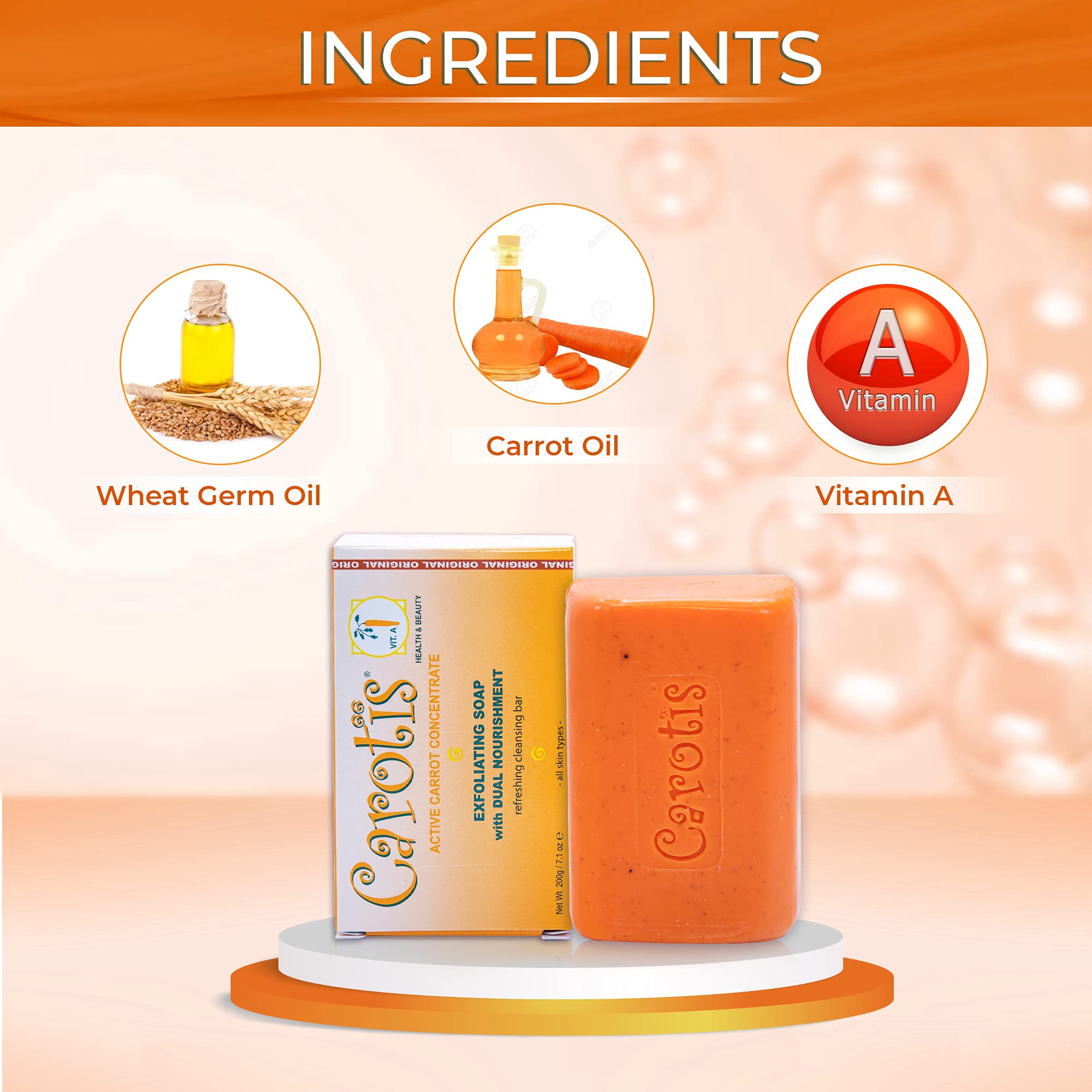 CAROTÏS Exfoliating Soap carrot oil bottle highlights nourishing oil for glow