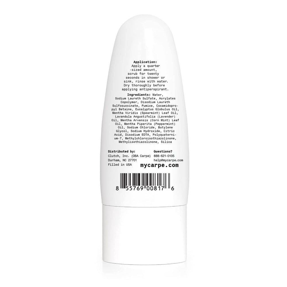 Carpe armpit scrub close-up before deodorant use suggests prep for smoother application.