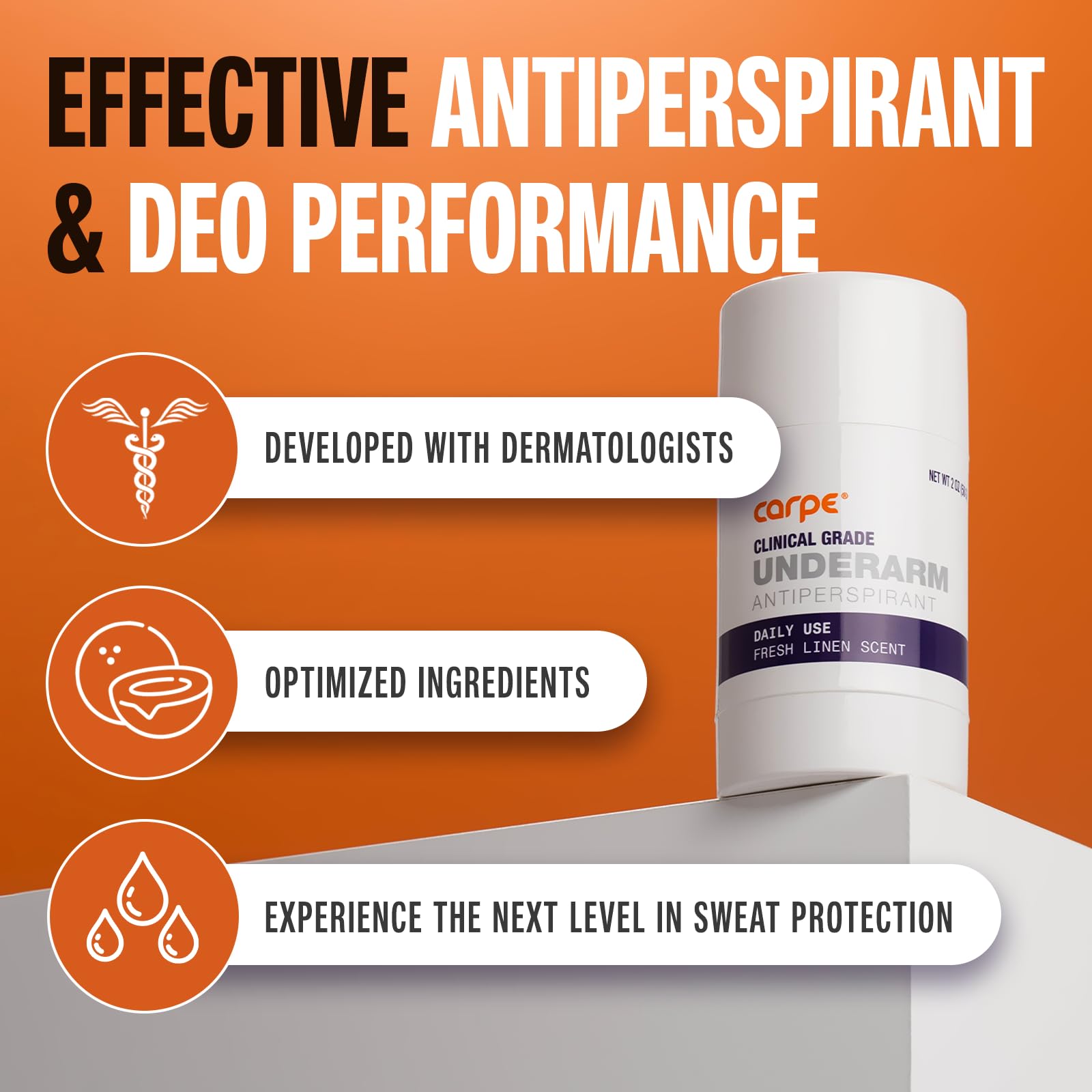 Carpe Clinical Strength solid-stick closeup showing powerful antiperspirant action for sensitive skin.