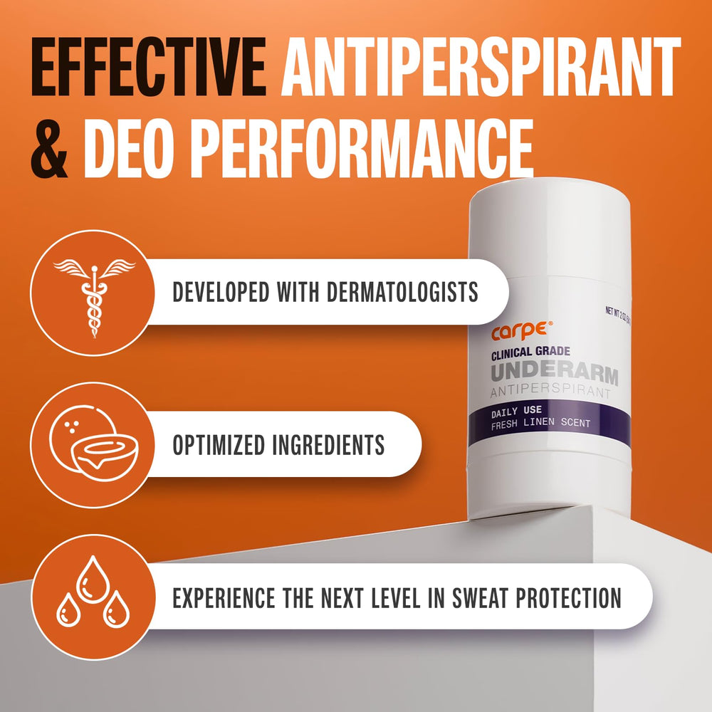 Carpe Clinical Strength solid-stick closeup showing powerful antiperspirant action for sensitive skin.