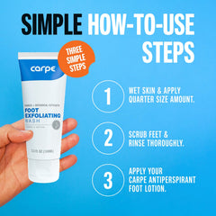Carpe Exfoliating Foot Scrub with suds and mint showing refreshing aroma and odor control.
