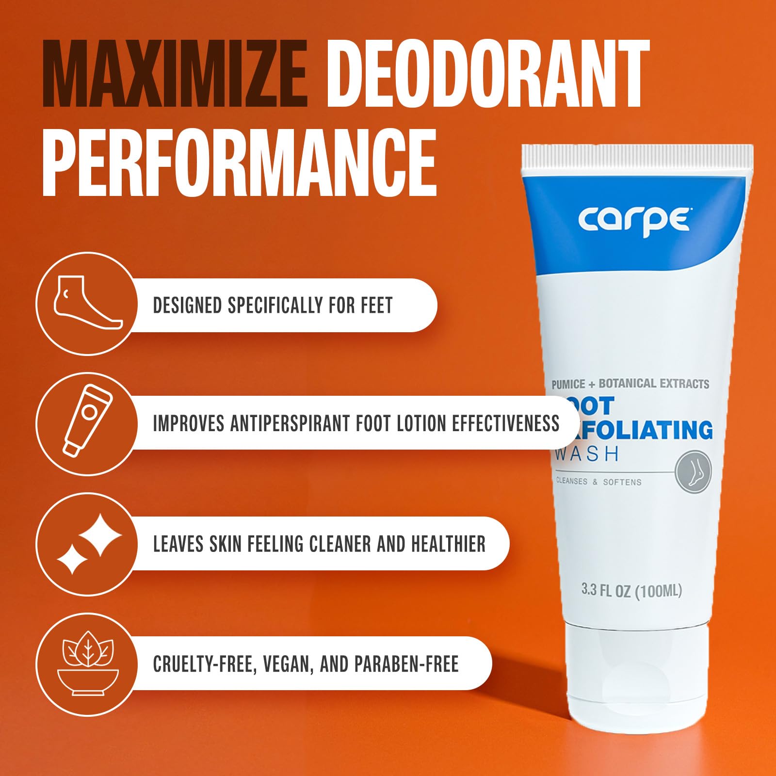 Carpe Exfoliating Foot Scrub in wet-use scene suggesting an easy 1-2 minute routine.