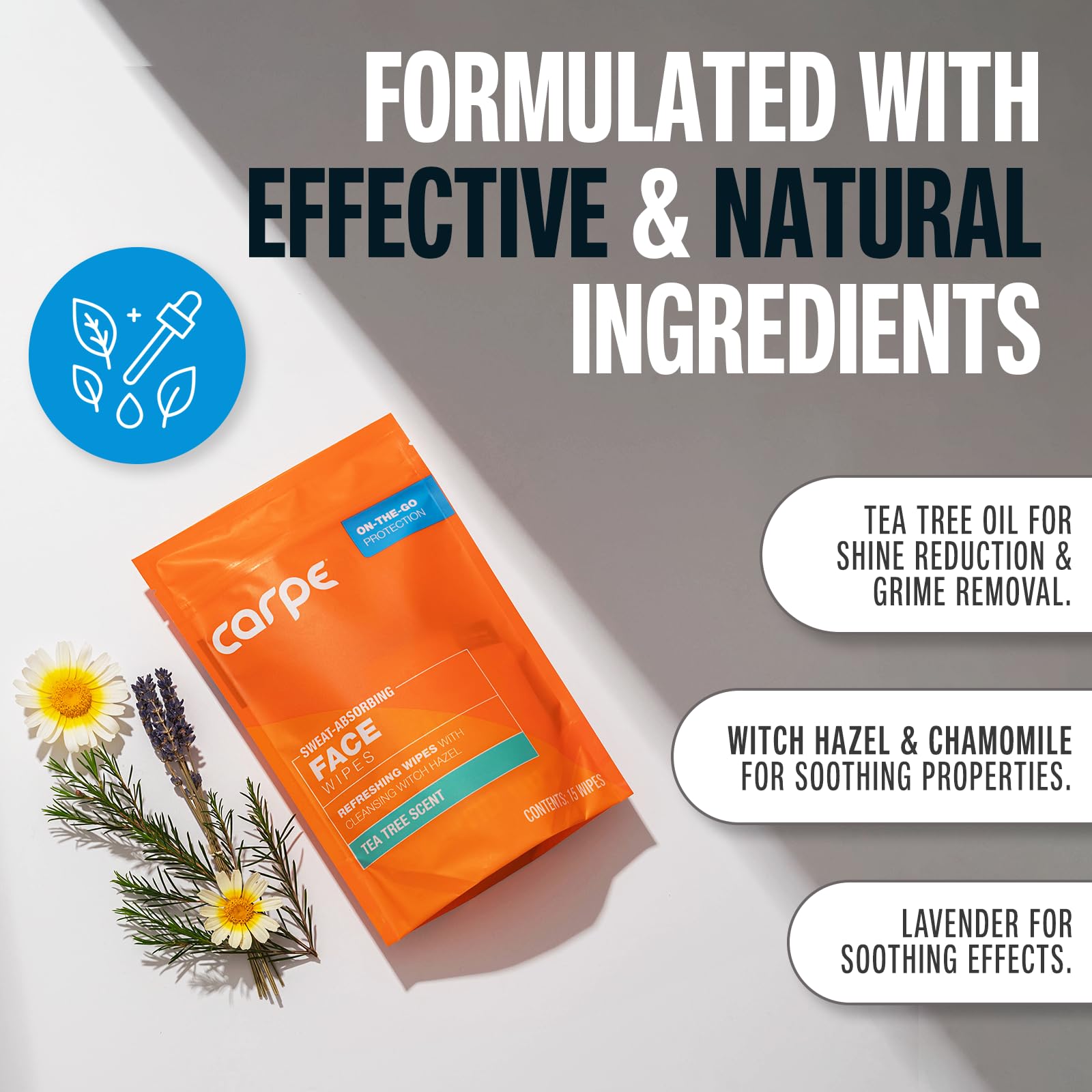 Carpe Dry or damp skin use wipe cleans dirt and oil on the go