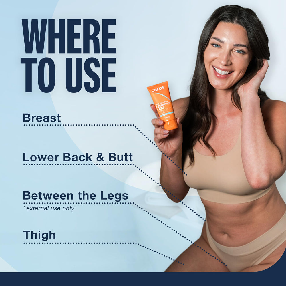 Bikini-zone external-area use demonstrated by Carpe deodorant
