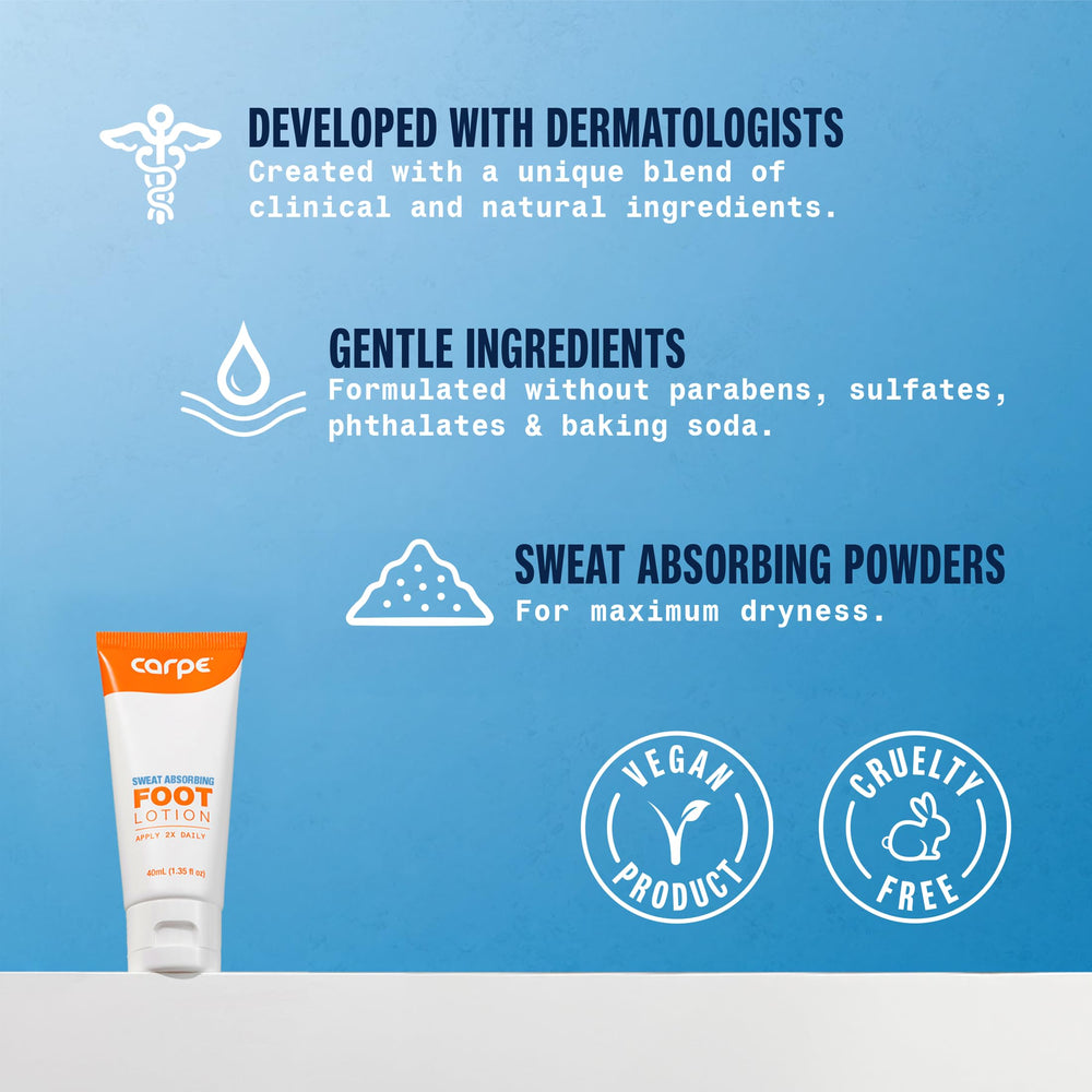 Carpe foot-lotion application close-up with dime-sized amount for targeted use.