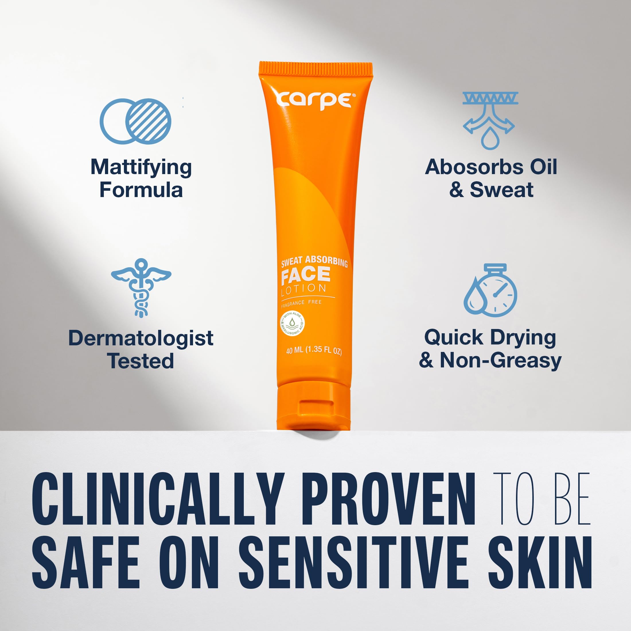 Carpe Sweat Absorbing Face Lotion applied to clean skin for oil control.