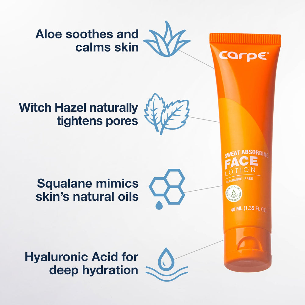 Close-up of Carpe Sweat Absorbing Face Lotion on skin with hydration and oil absorption.