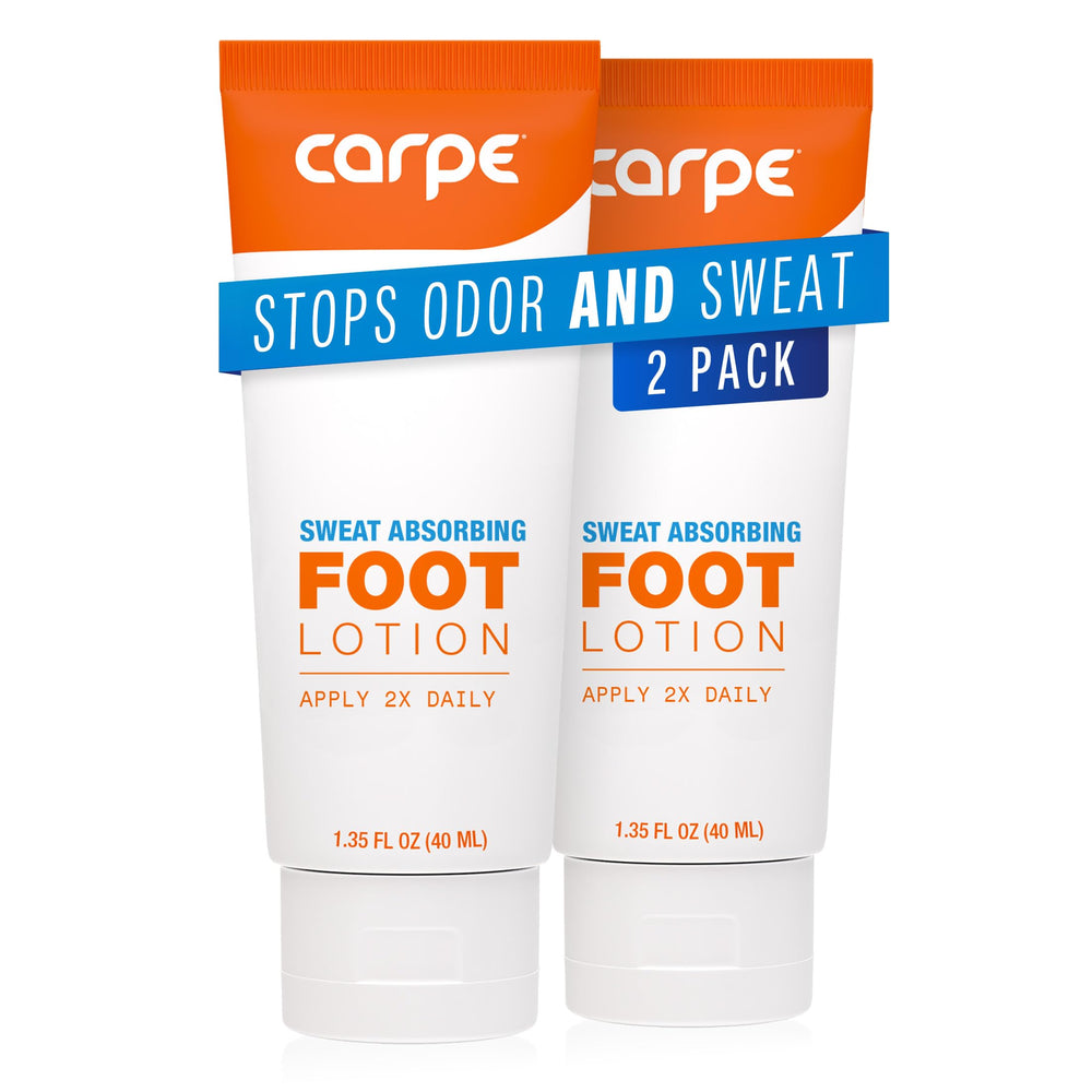 Carpe Sweat Absorbing Foot Lotion bottle shows quick-drying, non-greasy foot care benefits.