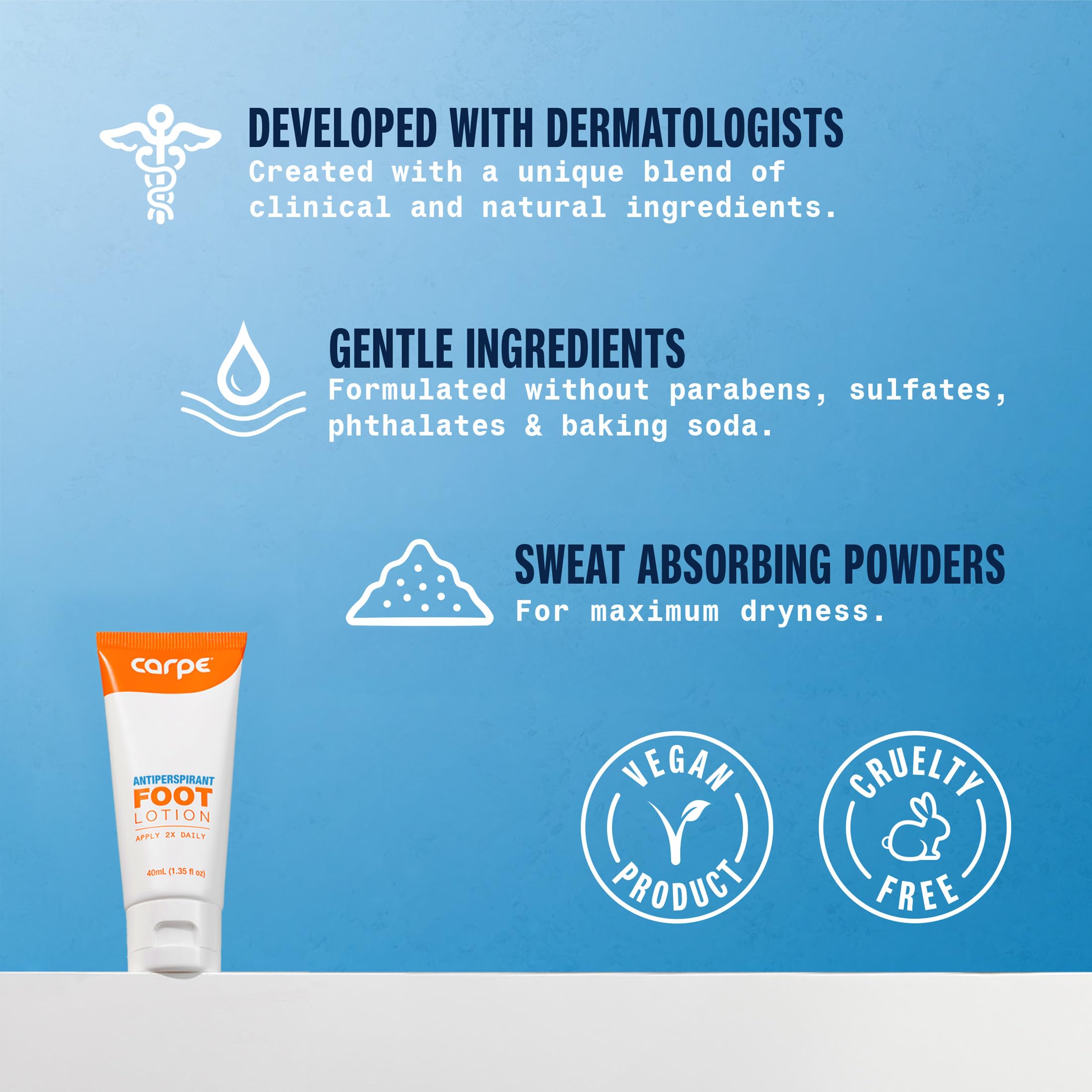 Carpe Sweat Absorbing Foot Lotion with free applicator demonstrates easy nightly use.