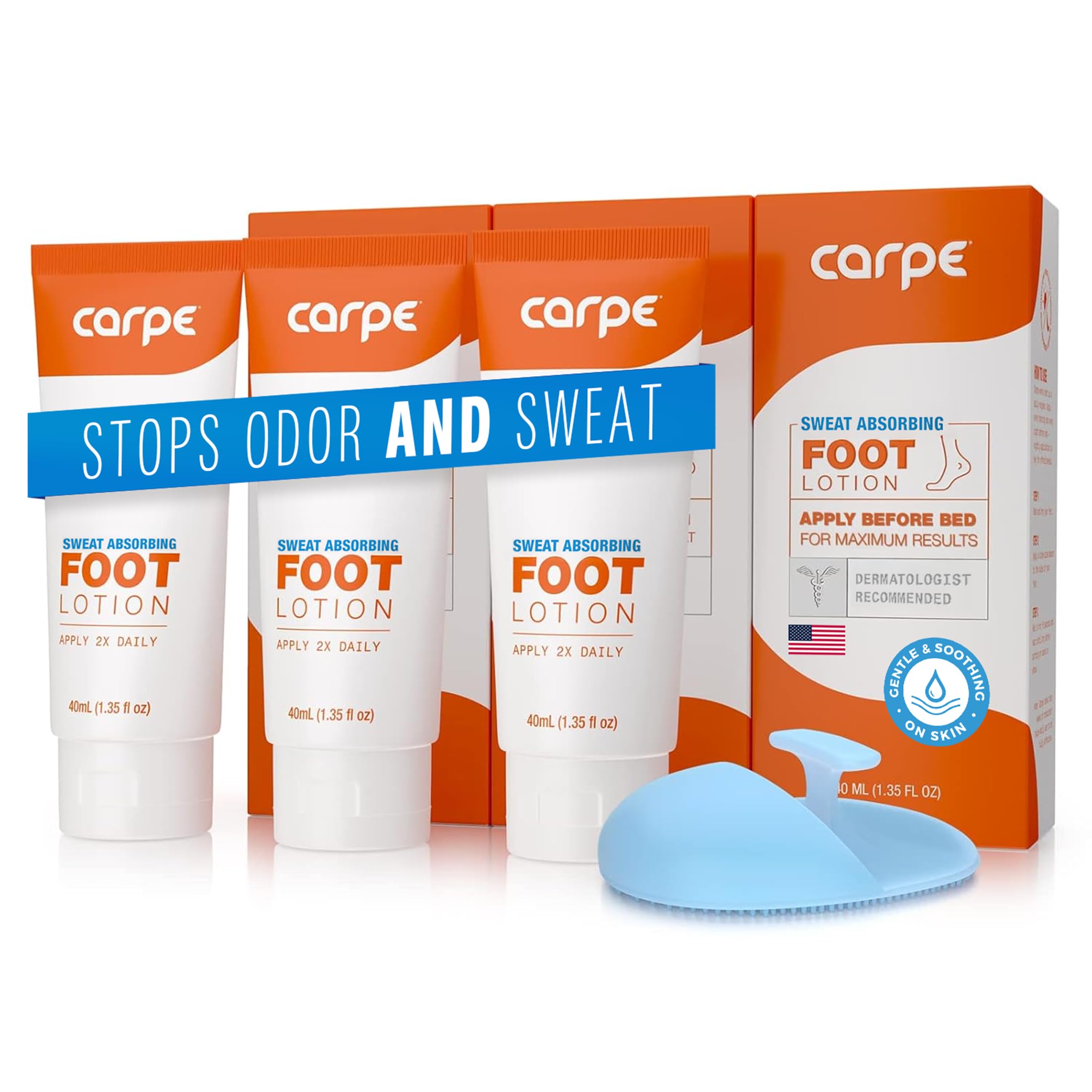 Carpe Sweat Absorbing Foot Lotion tubes with applicator for targeted dry feet.