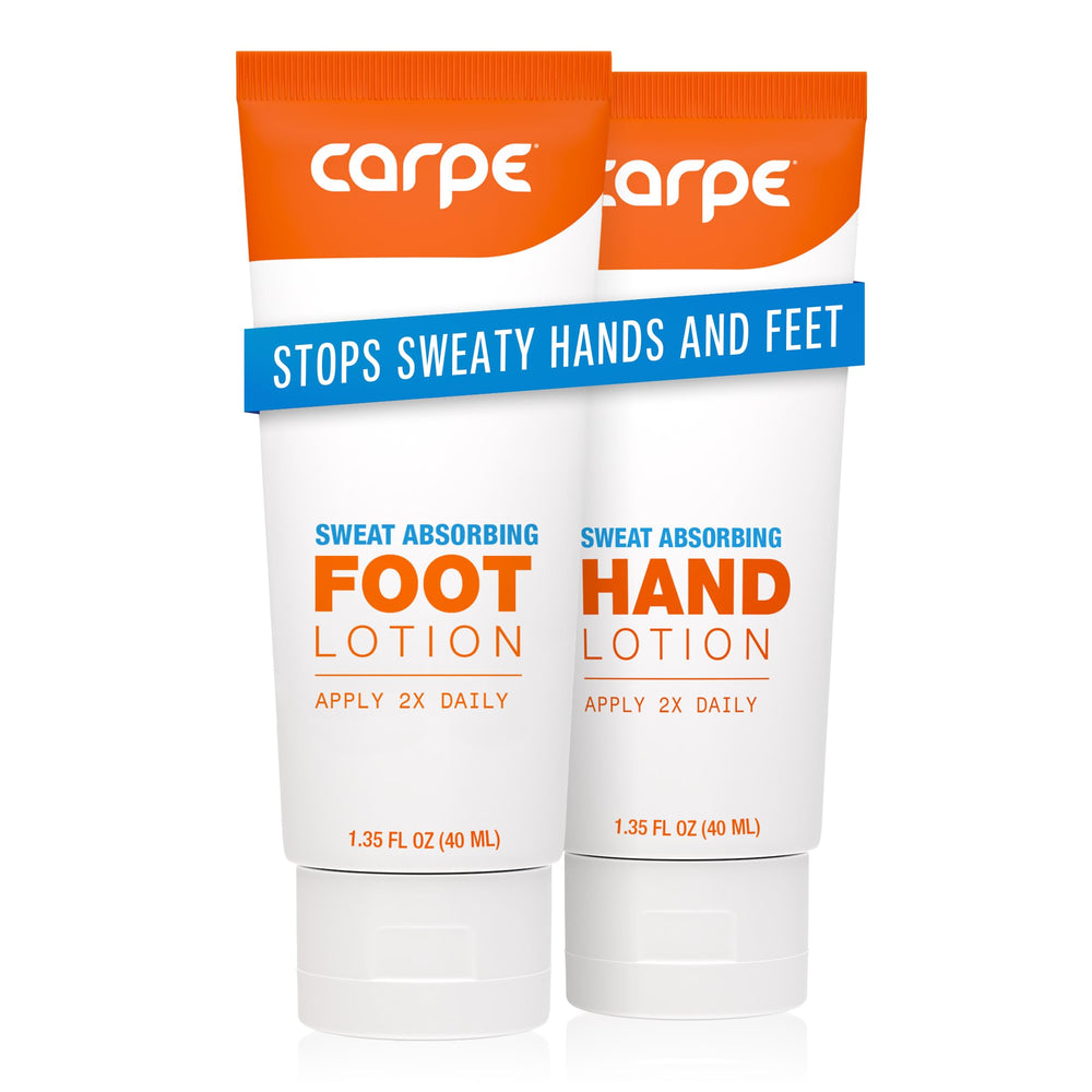 Carpe Sweat Absorbing Hand Lotion bottle showing dry hands after use