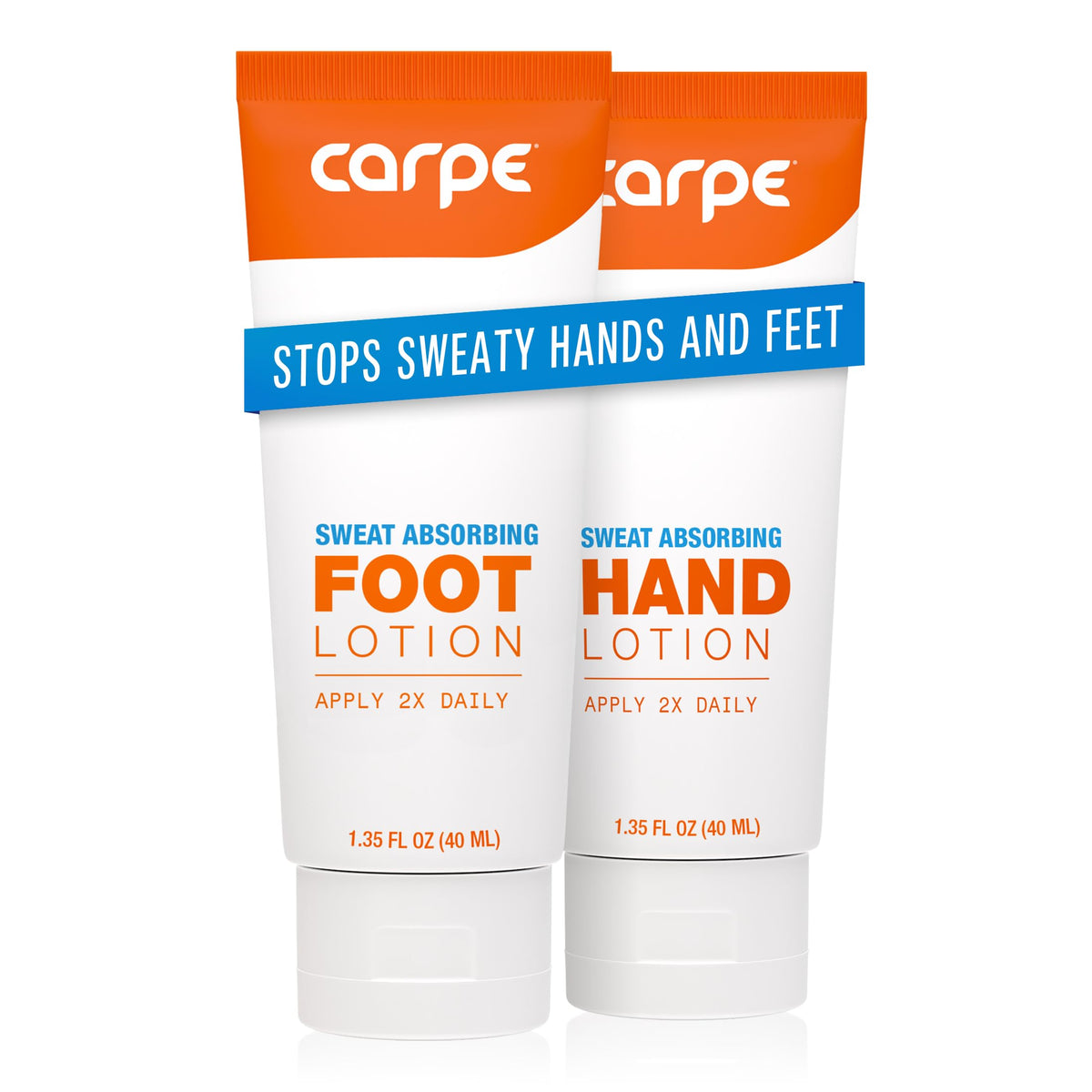 Carpe Sweat Absorbing Hand Lotion bottle showing dry hands after use