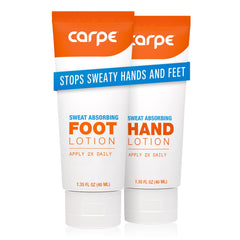 Carpe Sweat Absorbing Hand Lotion bottle showing dry hands after use