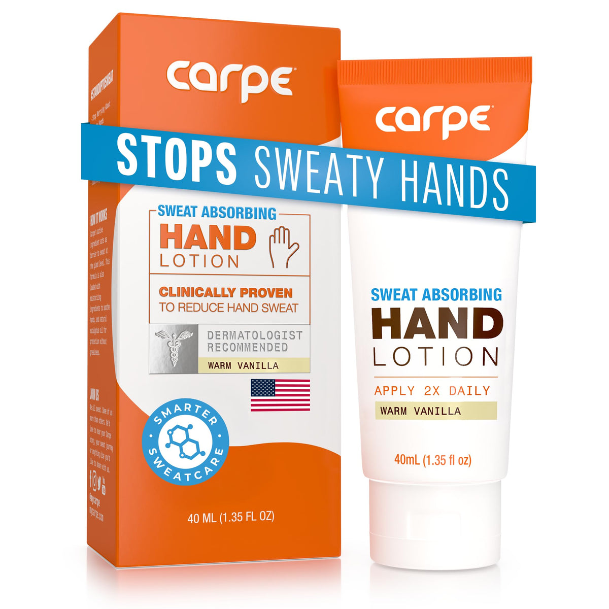 Carpe Sweat Absorbing Hand Lotion label close-up highlighting brand packaging for dry hands.