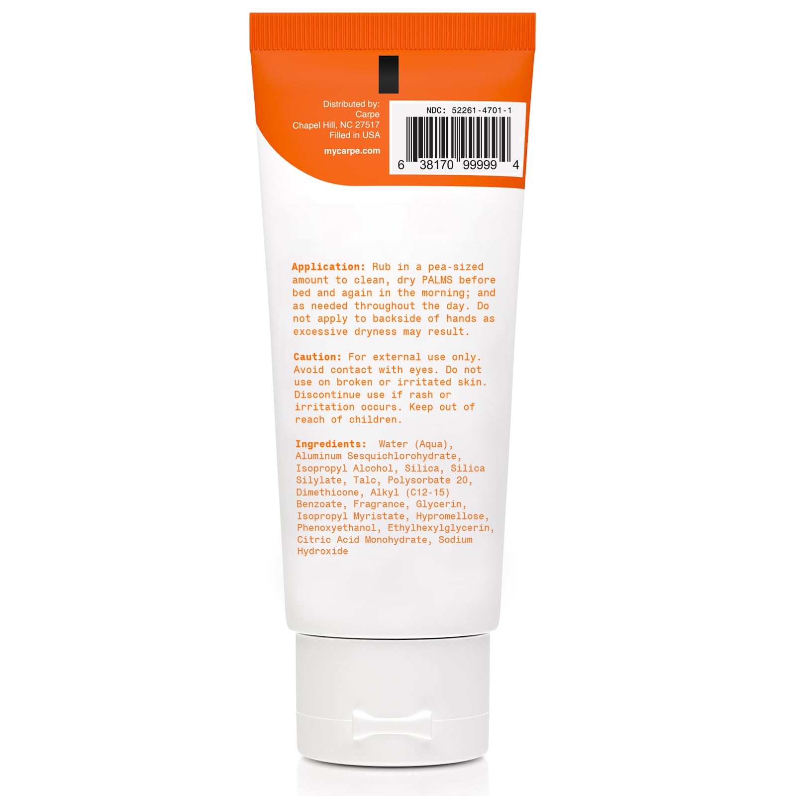 Carpe Sweat Absorbing Hand Lotion paraben-free label signals gentle care.