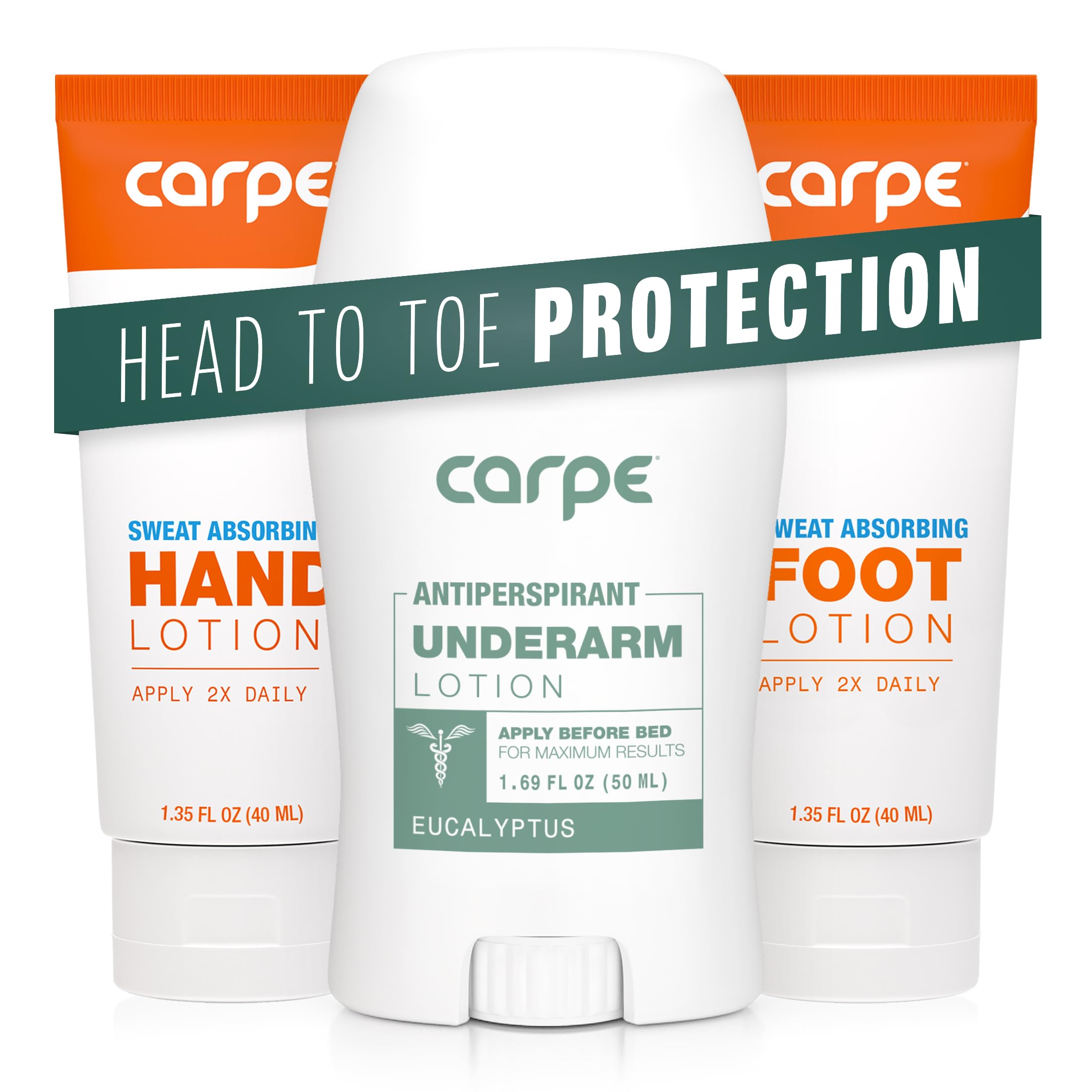 Carpe Sweat Absorbing Lotion Bundle front view illustrates dry hands, feet, and underarms.