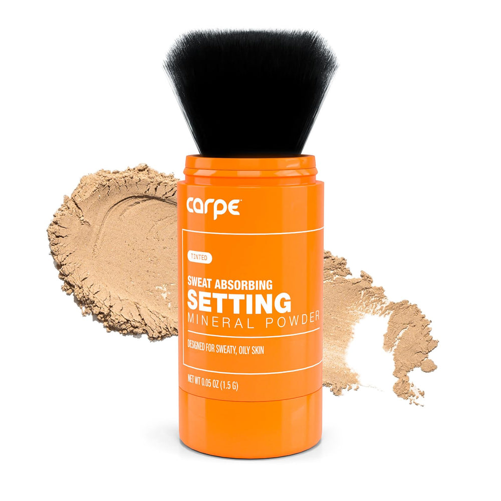 Carpe sweat-absorbing mineral powder jar provides oil control for a matte look.