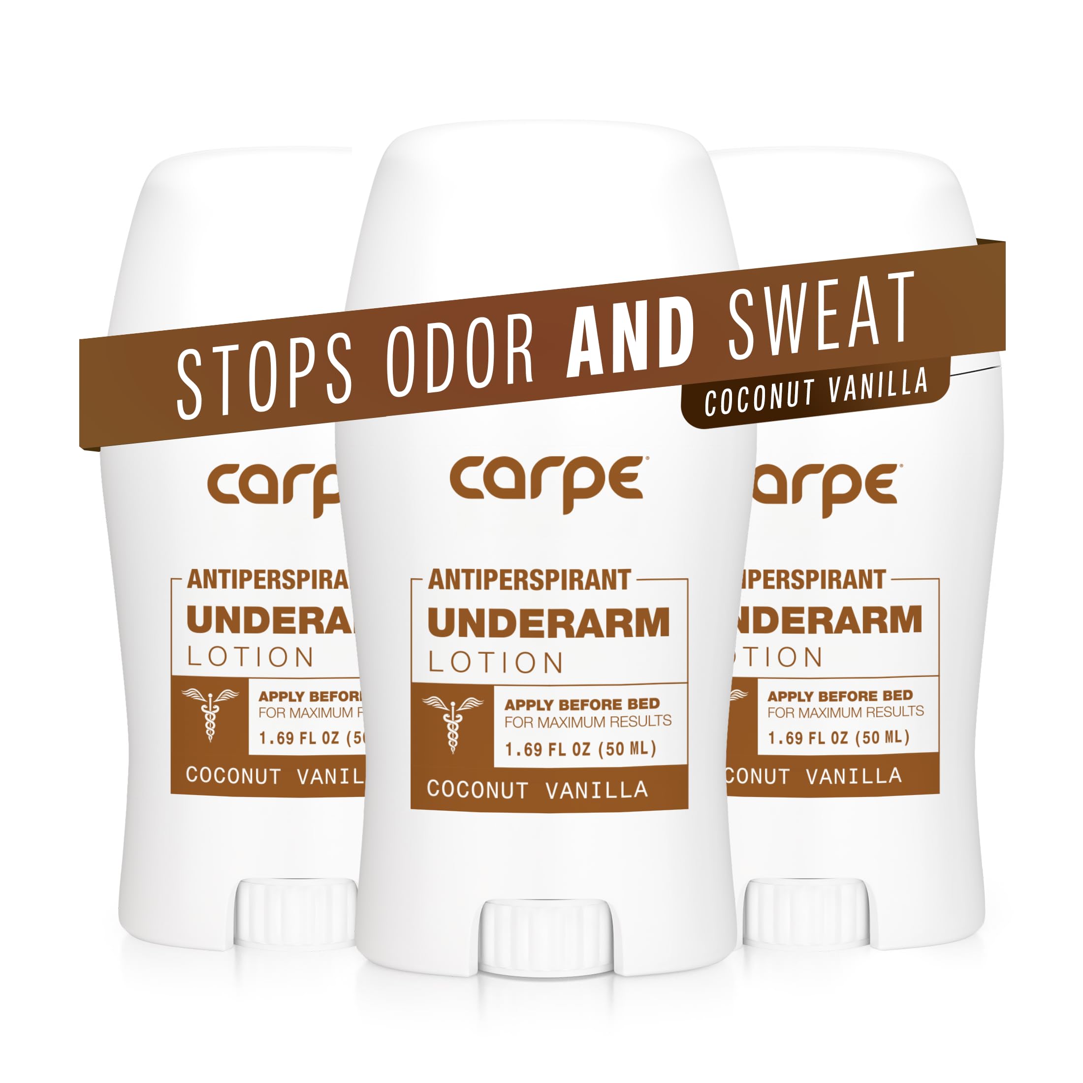 Carpe underarm antiperspirant bottle with coconut vanilla scent for long-lasting freshness.