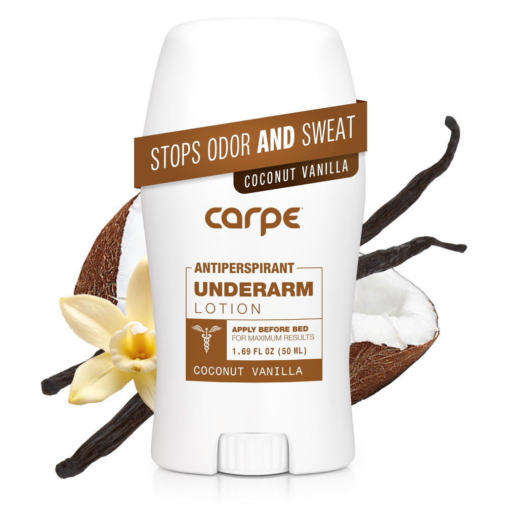 Carpe underarm lotion night application demonstrates a soothing nightly routine for reduced sweat.