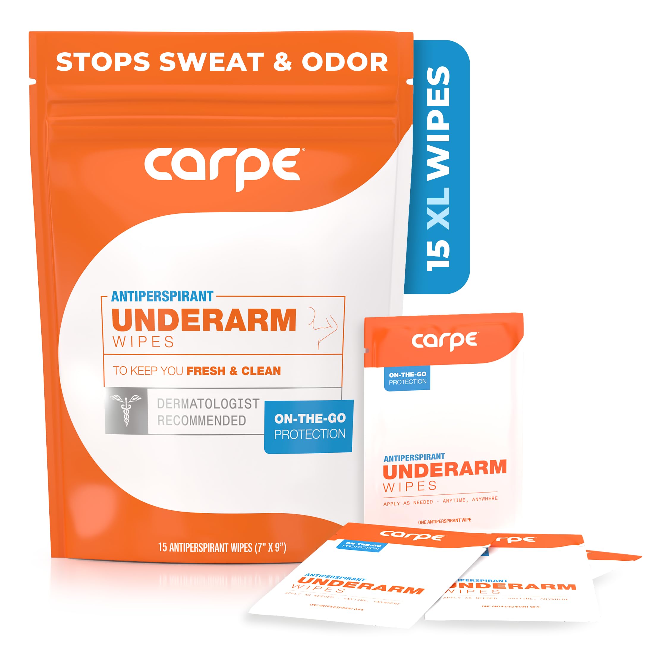 Carpe wipes packaging demonstrates portable sweat relief on the move.