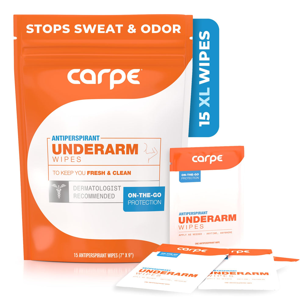 Carpe wipes packaging demonstrates portable sweat relief on the move.