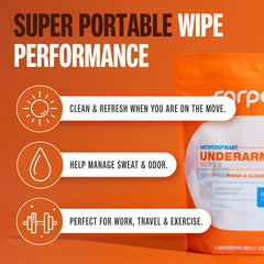 Carpe wipes single-use pouch enables on-the-go deodorizing anywhere.