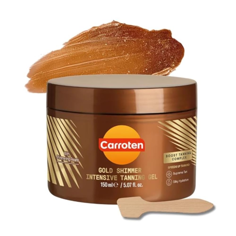 Carroten Gold Shimmer Tanning Gel bottle for radiant bronze glow