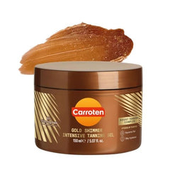 Carroten Gold Shimmer Tanning Gel bottle delivers bronze glow for indoor and outdoor tanning