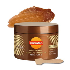 Carroten Gold Shimmer Tanning Gel bottle for radiant bronze glow