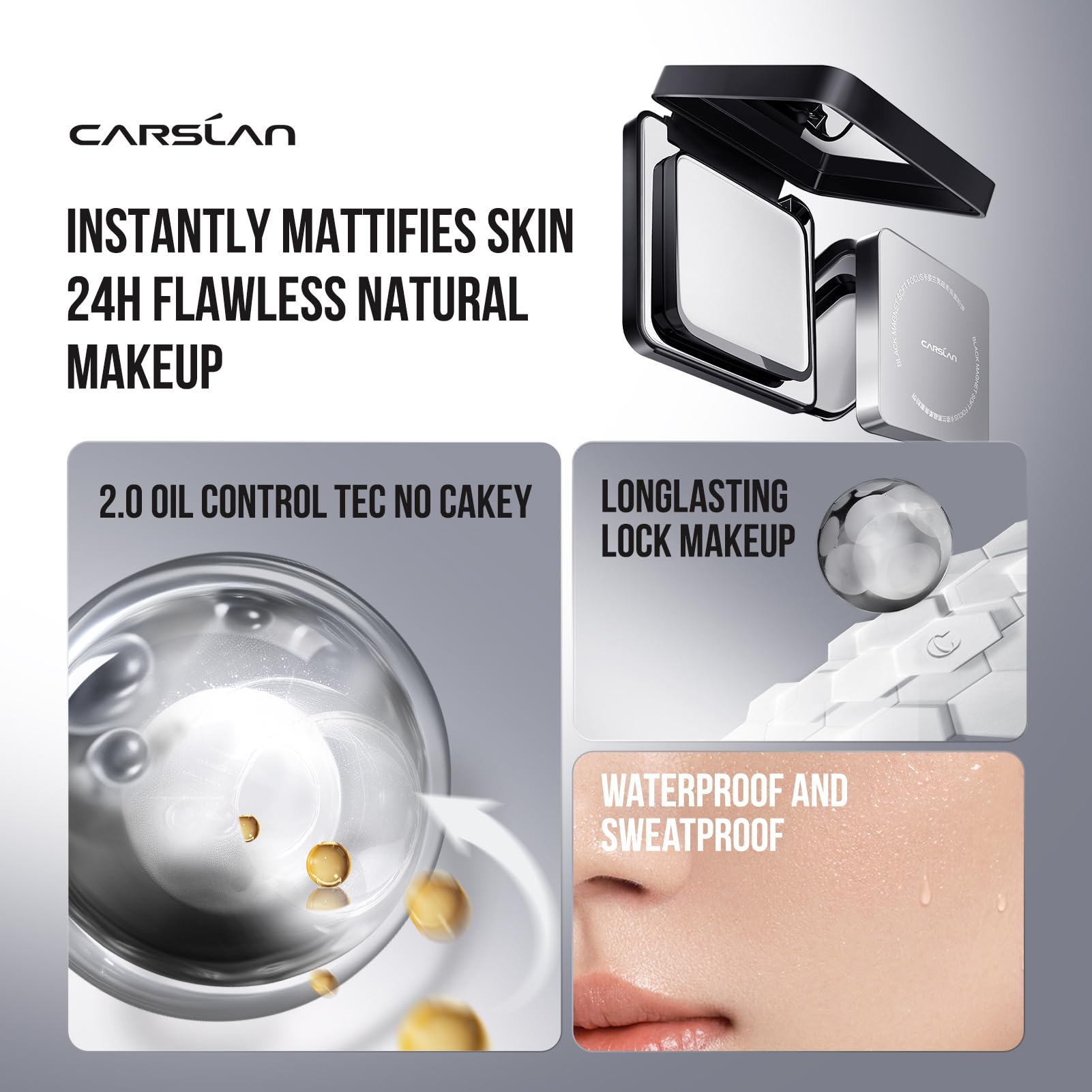CARSLAN 2.0 powder application close-up highlights on-the-go oil absorption.