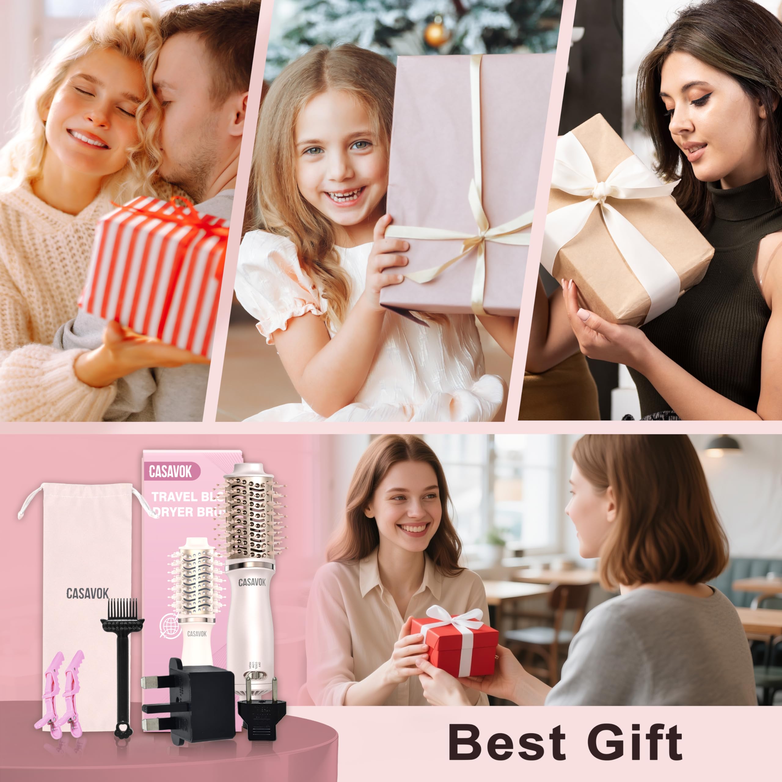 Casavok pink-travel-hair-dryer-brush in-hand showing portable 0.76 lb weight for easy packing.