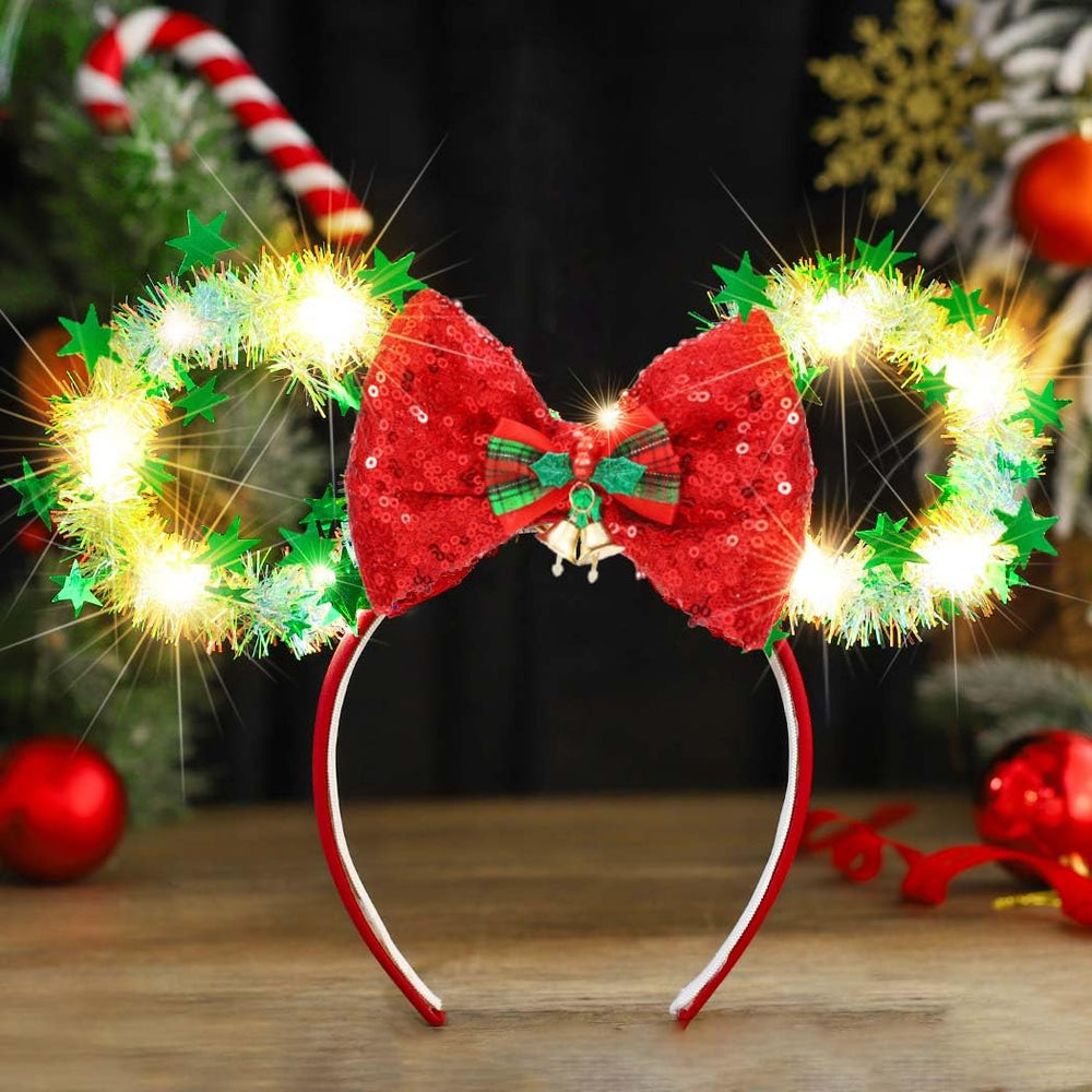 CASDRE Christmas light up mouse ear headband with red-green bow for festive styling.