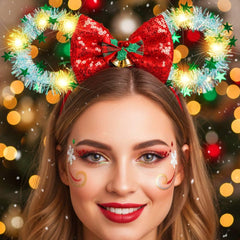 CASDRE headband close-up shows LED bells and sparkle for party glamour.