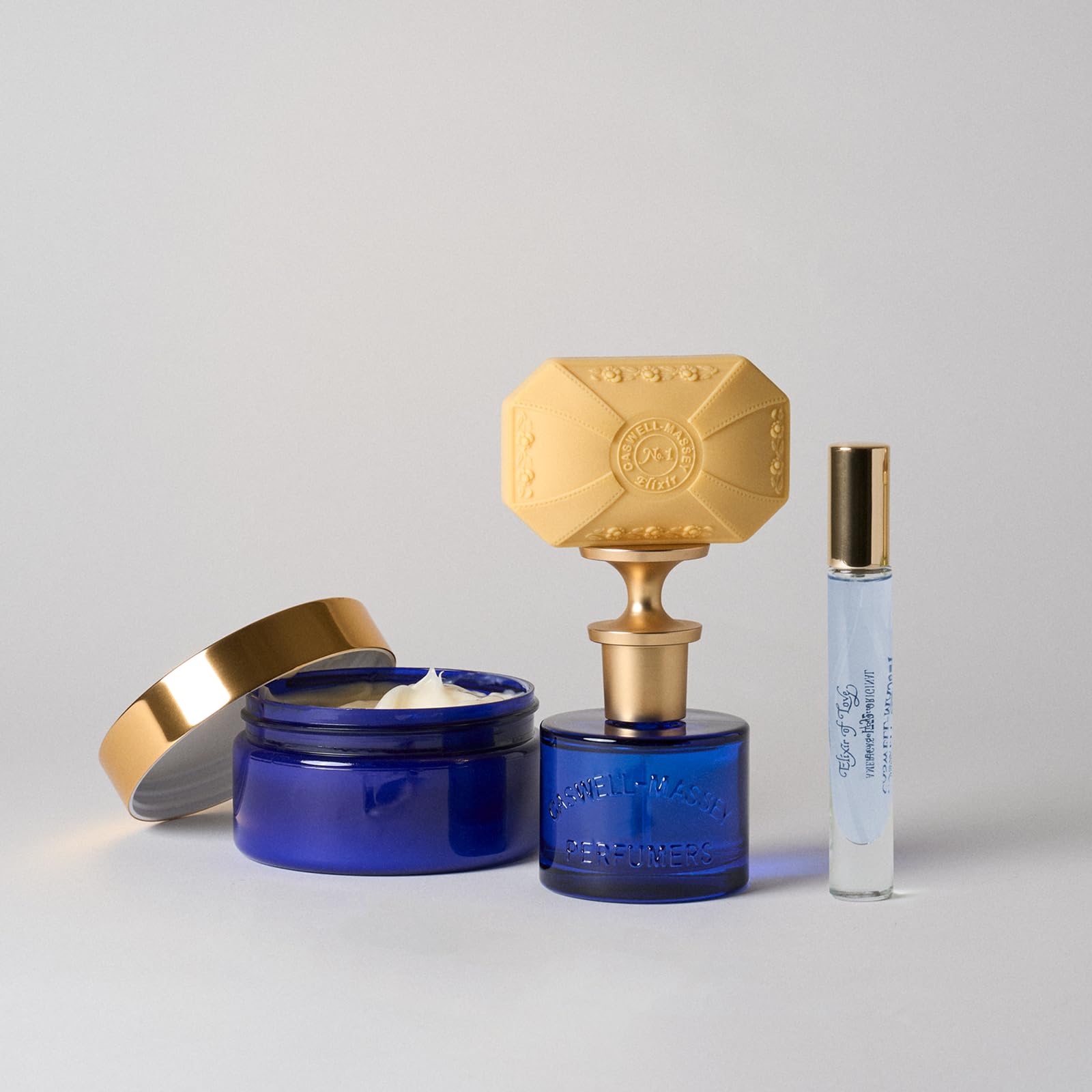 Caswell-Massey Elixir of Love soap's elegant packaging display enhances bathroom aesthetics.
