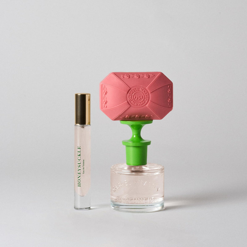Caswell-Massey Honeysuckle EDT sustainability imagery emphasizing eco-conscious production