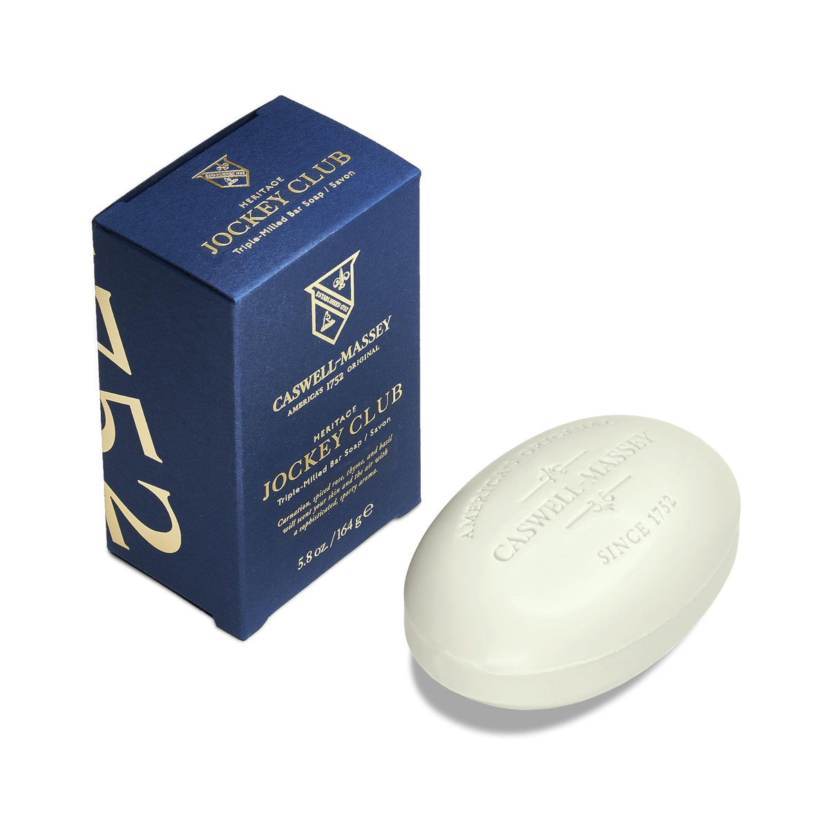 Caswell-Massey Jockey Club soap bar closeup with rich lather for moisturized skin.