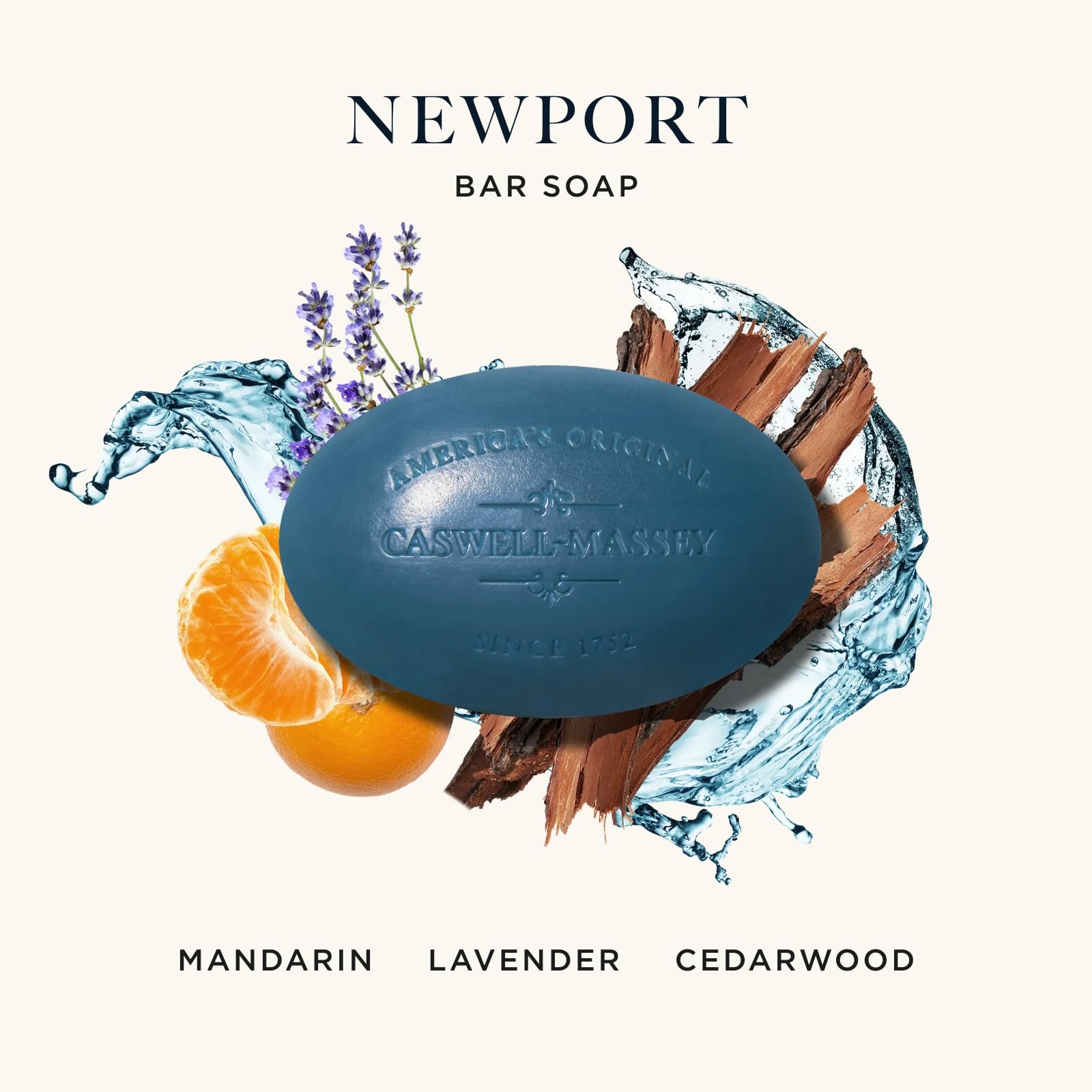 Caswell-Massey Newport soap bar close-up showing triple-milled texture for hydration.