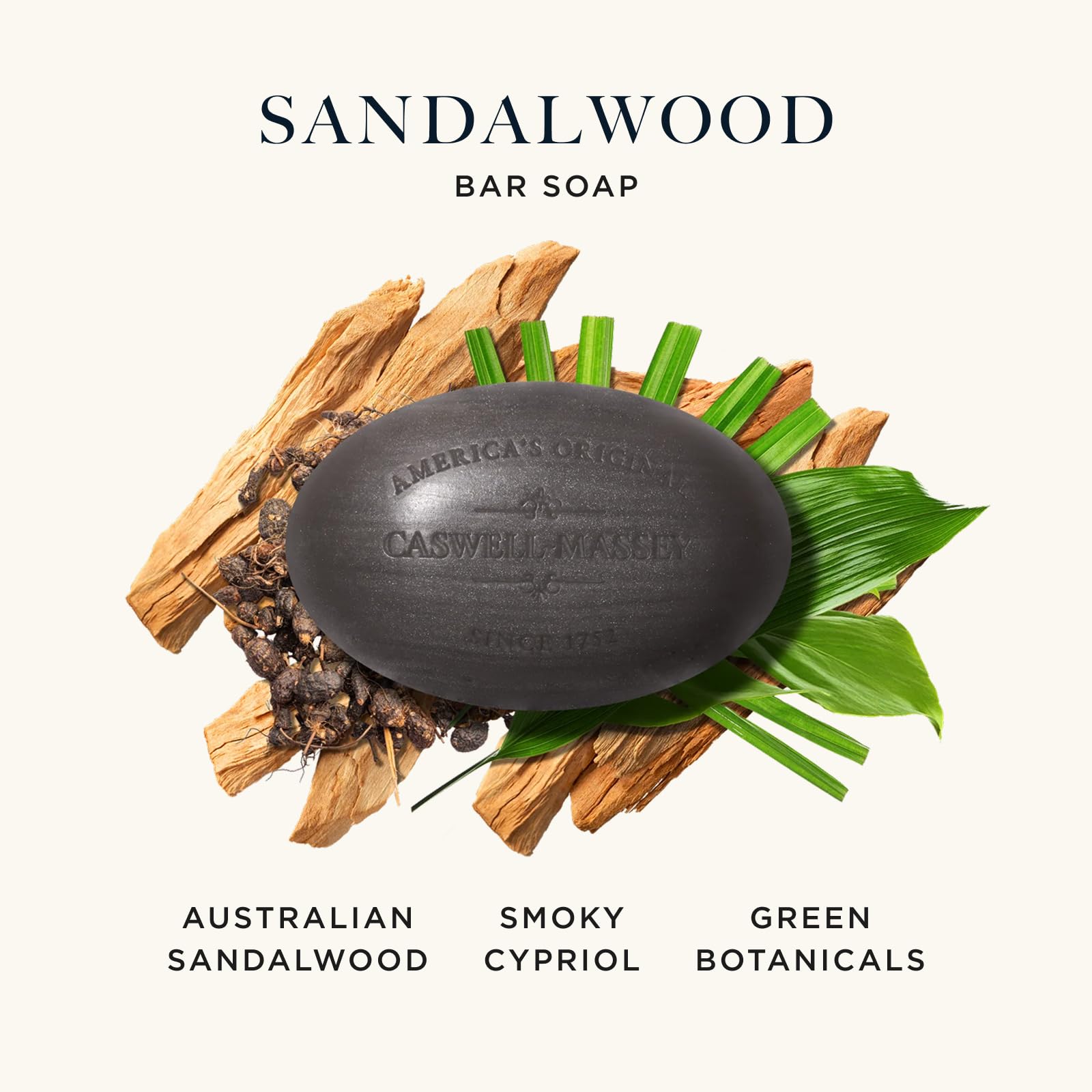 Caswell-Massey Sandalwood soap—closeup lather highlighting rich, moisturizing feel.