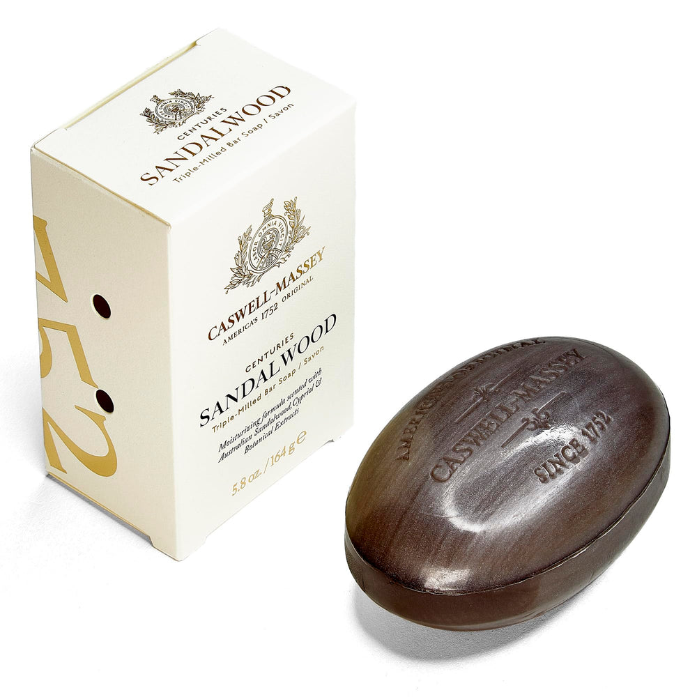 Caswell-Massey Sandalwood soap—unwrap reveals gift-ready packaging for gifting.